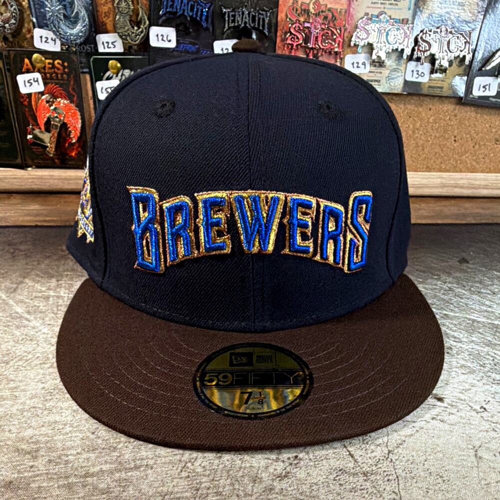Exclusive New Era 59FIFTY Milwaukee Brewers Navy/Brown MLB Fitted Cap Hat 7 1/8